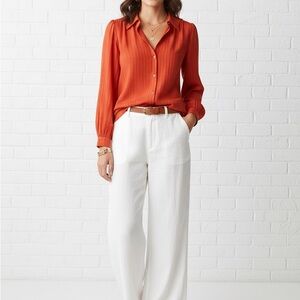 The Korner Red-Orange Button-Up Blouse Size S Scalloped Collar NEW